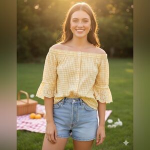 SIZE XL Old Navy Off-the-Shoulder Button-Front Sunny Yellow Gingham Swing Top